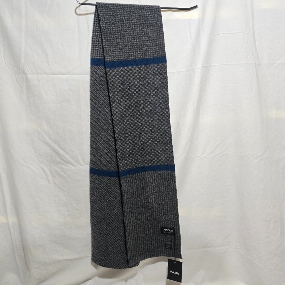 NWT - Mackie Made in Scotland 100% New Wool Scarf - Black Gray Blue